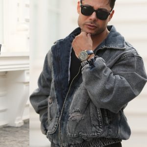 Premium Two-Tone Distressed Acid-Wash Denim Bomber Jacket